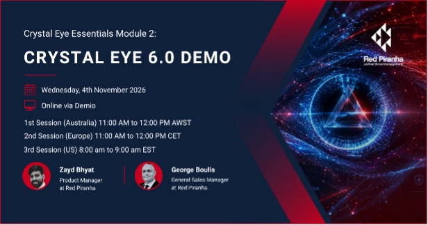 Graphic with text Crystal Eye Essentials Module 2: Crystal Eye 6.0 Demo and other details